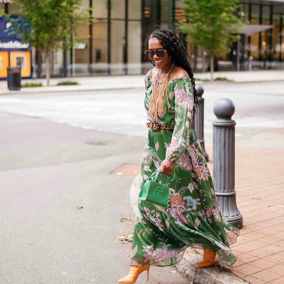 Boss Dresses & Skirts - Boston Proper green floral  Off-the-Shoulder Maxi Dress Excellent Condition